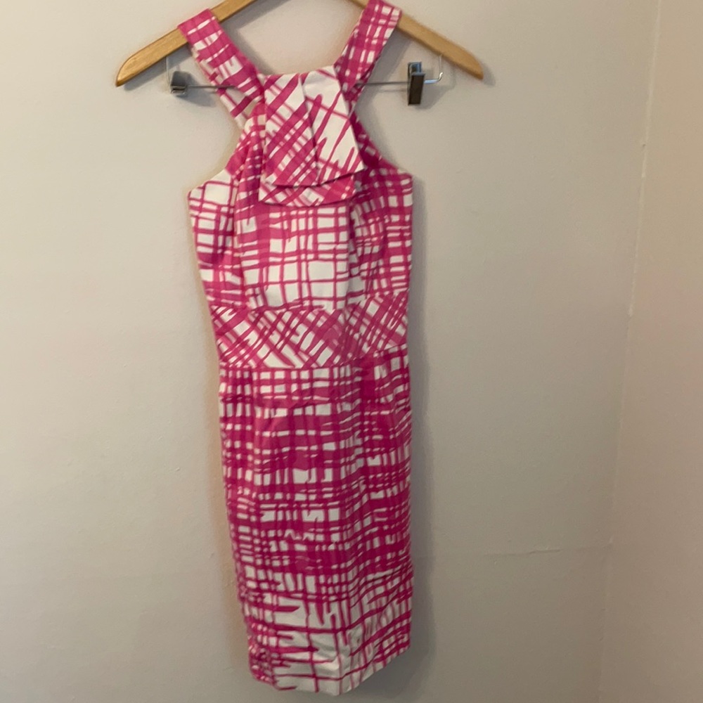 Pink Checkered Ruffle Halter Dress